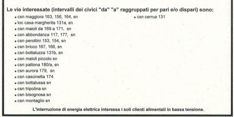 Avviso di interruzione di energia elettrica lunedì 13 novembre p.v.